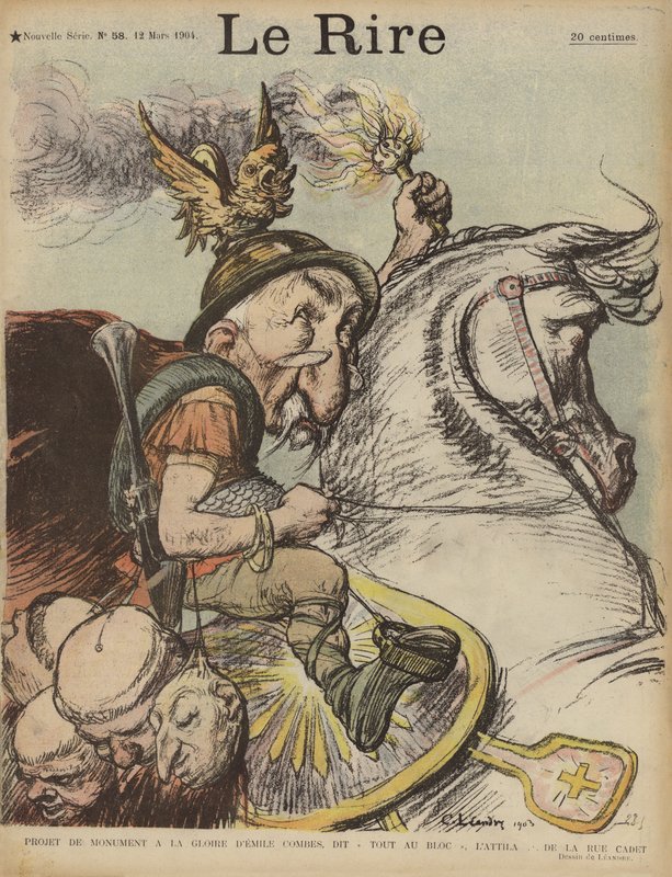 Karikatur des französischen Premierministers Emile Combes als Attila der Hunne. Illustration für Le Rire von Charles Leandre