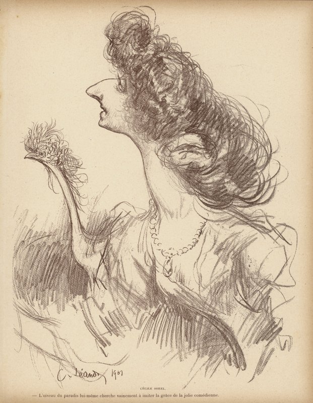 Karikatur der französischen Komikerin Cecile Sorel von Charles Leandre