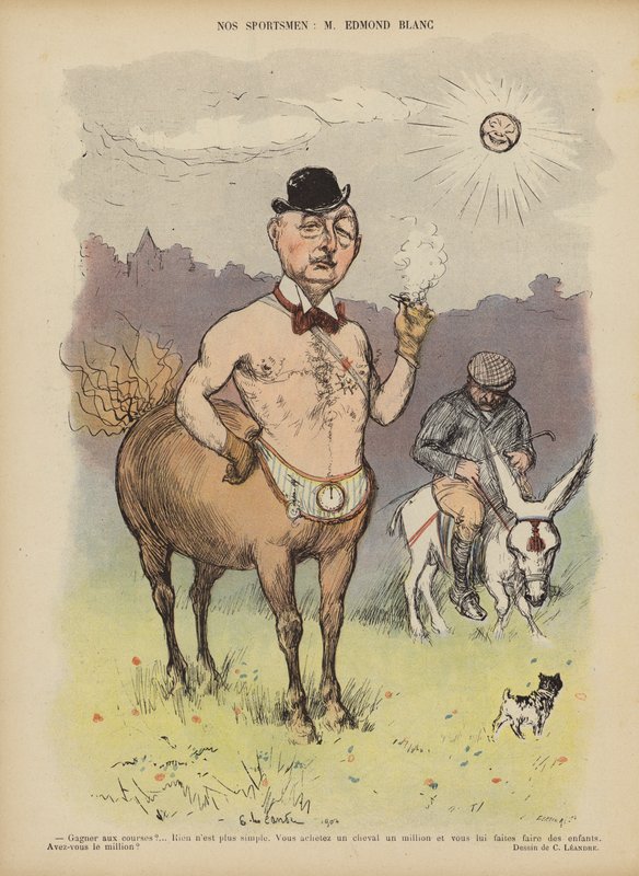 Edmond Blanc, französischer Rennpferdebesitzer und Züchter. Illustration für Le Rire von Charles Leandre