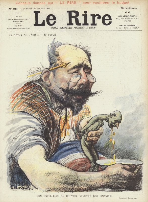 Seine Exzellenz Herr Rouvier, Finanzminister. Illustration für Le Rire von Charles Leandre