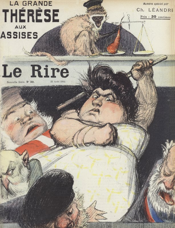 Der Prozess der berüchtigten Betrügerin Therese Humbert. Illustration für Le Rire von Charles Leandre