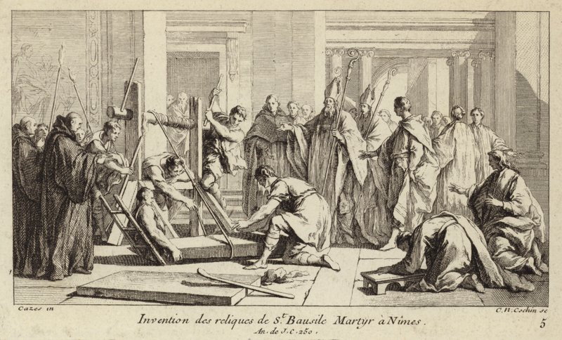 Entdeckung der Reliquien des heiligen Baudile, der 250 in Nîmes gemartert wurde von Charles Nicolas II Cochin