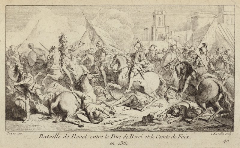 Die Armeen des Herzogs von Berry und des Grafen von Foix kämpfen in der Schlacht von Revel, Frankreich von Charles Nicolas II Cochin