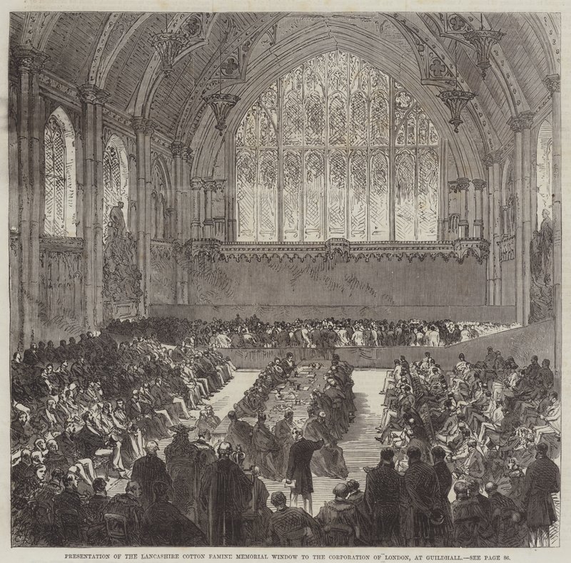 Übergabe des Lancashire Cotton Famine Memorial Window an die Corporation of London, in der Guildhall von Sir John Charles Robinson