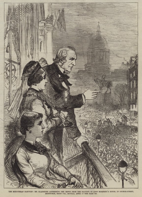 Die Midlothian-Wahl, Mr. Gladstone spricht die Menge vom Balkon des Hauses von Lord Rosebery in der George-Street, Edinburgh, Montag, 5. April, acht Uhr abends an von Sir John Charles Robinson