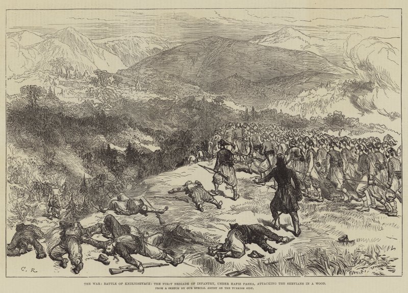 Der Krieg, Schlacht von Kniejesevacz, die Erste Infanteriebrigade unter Hafiz Pascha greift die Serben in einem Wald an von Sir John Charles Robinson