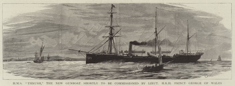 HMS Thrush, das neue Kanonenboot, das bald von Leutnant HRH Prinz George von Wales in Dienst gestellt wird von Charles William Wyllie