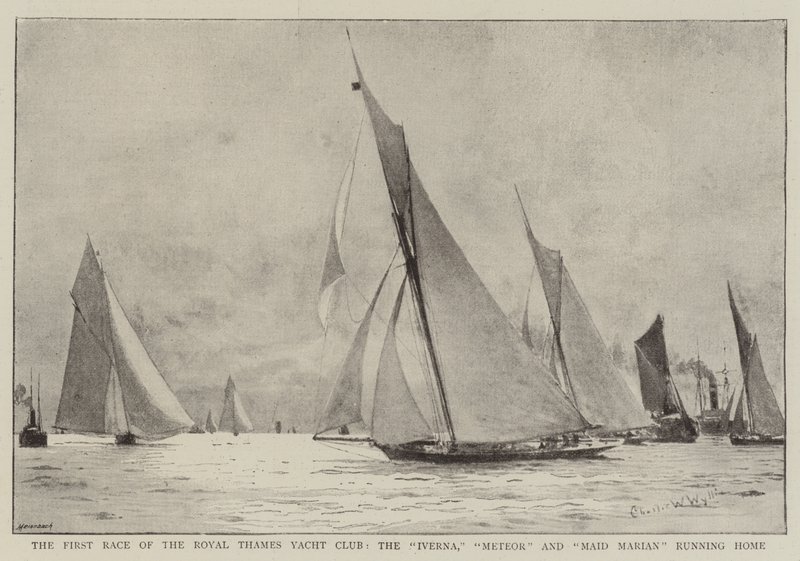 Das erste Rennen des Royal Thames Yacht Club, die Iverna, Meteor und Maid Marian laufen nach Hause von Charles William Wyllie