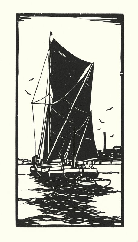 Fischerboote und Lastkähne: Thames Barge (Holzschnitt) von Cyril A. Wilkinson