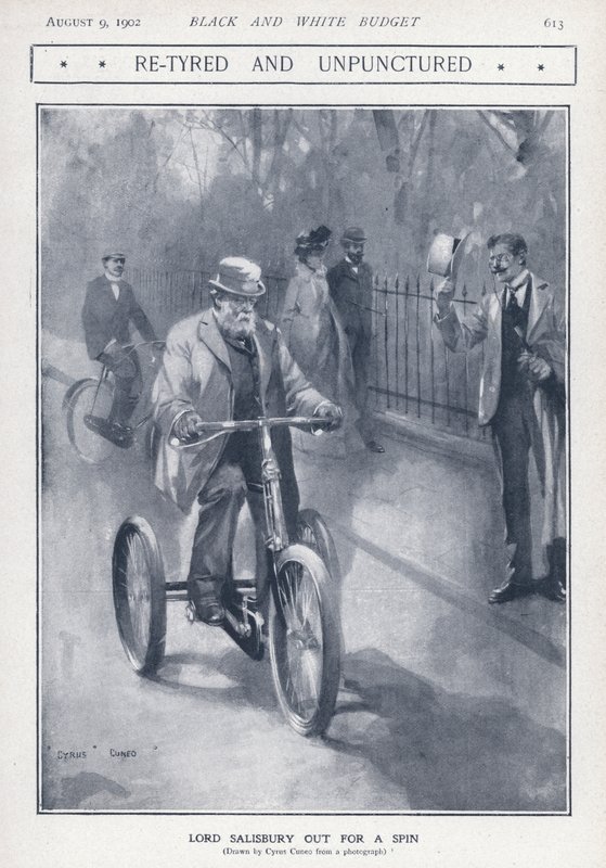Englischer konservativer Politiker und Premierminister Lord Salisbury fährt Dreirad (Lithografie) von Cyrus Cuneo