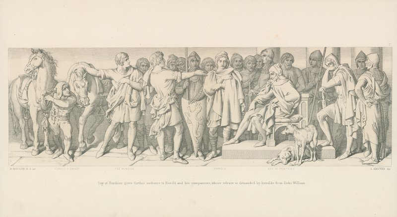 Guy von Ponthieu gibt Harold und seinen Begleitern weitere Audienz, deren Freilassung von Herolden des Herzogs Wilhelm gefordert wird von Daniel Maclise