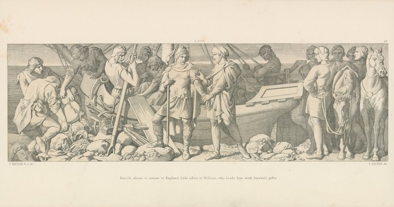 Harold, kurz vor der Rückkehr nach England, verabschiedet sich von Wilhelm, der ihn mit Abschiedsgeschenken belädt von Daniel Maclise
