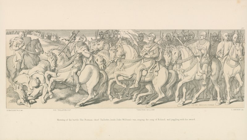 Morgen der Schlacht. Der normannische Häuptling Taillefer führt das Heer von Herzog Wilhelm an, singt das Lied von Roland und jongliert mit seinem Schwert von Daniel Maclise