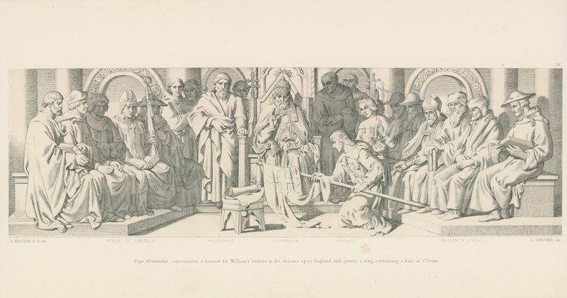 Papst Alexander weiht ein Banner für Williams Dienst bei seinem Abstieg nach England und überreicht einen Ring, der ein Haar von St. Peter enthält von Daniel Maclise