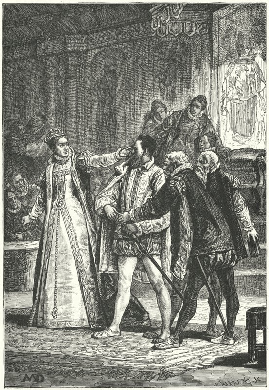 Der Earl of Essex droht, sein Schwert zu ziehen, nachdem Königin Elisabeth I. ihm wegen seiner Unverschämtheit eine Ohrfeige gegeben hat, 1598 von Diogene Ulysse Napoleon Maillart