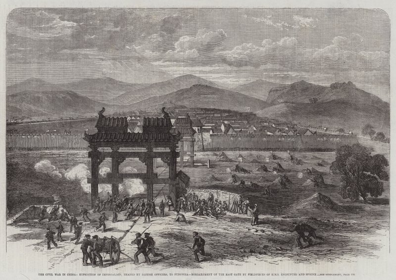 Der Bürgerkrieg in China, Expedition der Imperialisten, angeführt von britischen Offizieren, nach Fungwha, Bombardierung des Osttors durch Feldstücke der HMS Encounter und Sphinx von Edmund Morison Wimperis