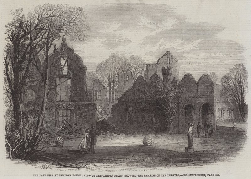 Das späte Feuer im Campden House, Ansicht der Gartenfront, die die Überreste des Theaters zeigt von Edmund Morison Wimperis