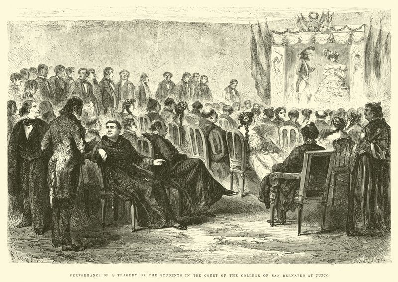 Aufführung einer Tragödie durch die Studenten im Hof des Colegio de San Bernardo in Cuzco von Edouard Riou
