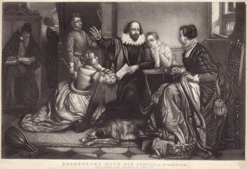 Shakespeare mit seiner Familie in Stratford-upon-Avon, rezitiert die Tragödie von Hamlet von Edouard Jean Conrad Hamman