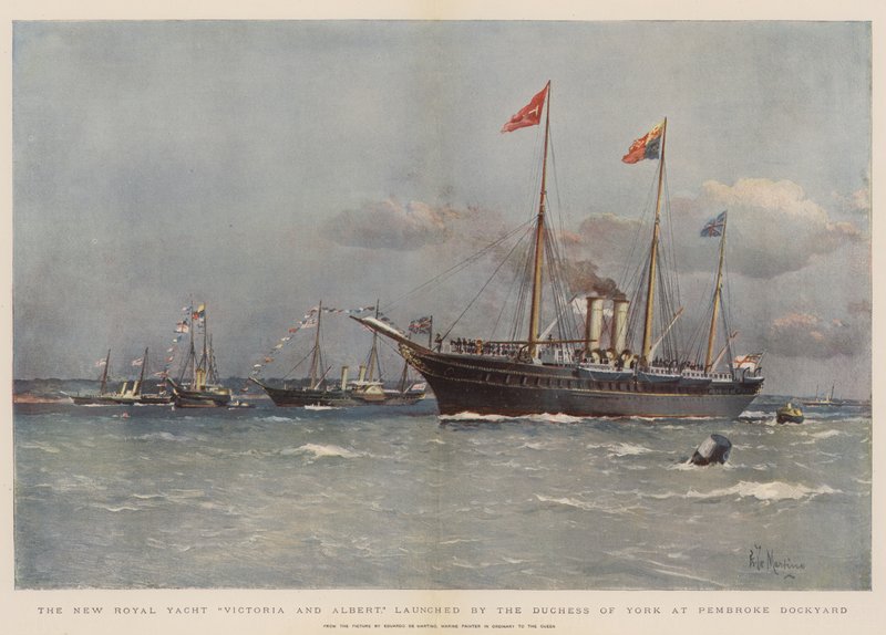Die neue königliche Yacht Victoria und Albert, getauft von der Herzogin von York in der Pembroke-Werft (Chromolitho) von Eduardo de Martino
