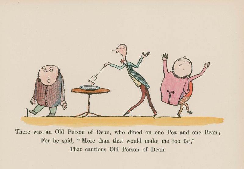 Es war eine alte Person aus Dean, die eine Erbse und eine Bohne aß (farbige Gravur) von Edward (after) Lear
