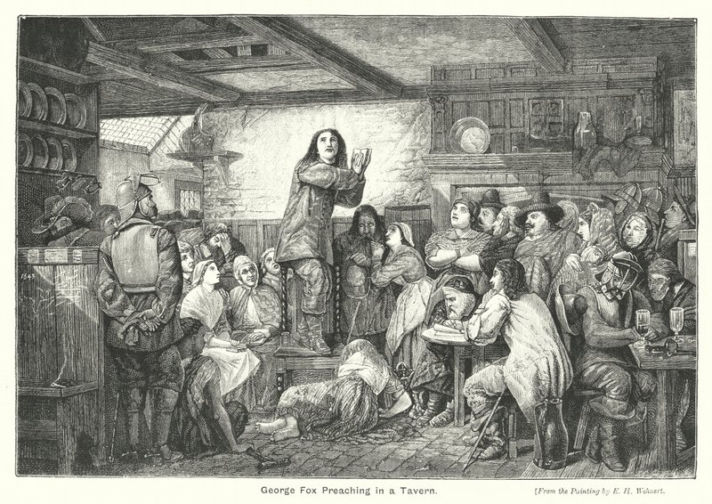 George Fox predigt in einer Taverne (Gravur) von Edward Henry (after) Wehnert