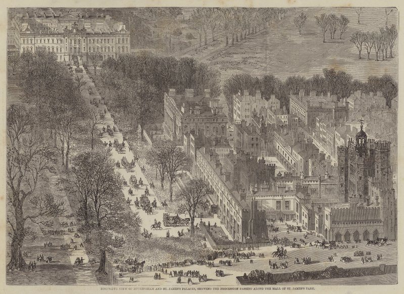 Vogelperspektive auf Buckingham und St. James Paläste, zeigt die Prozession von Edward Hull