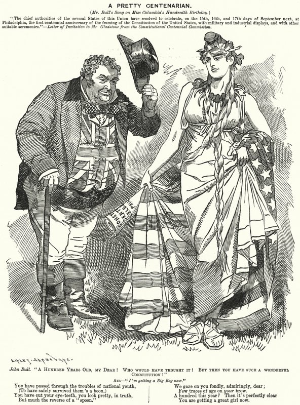 Punch-Karikatur: Eine hübsche Hundertjährige - das hundertjährige Jubiläum der Ausarbeitung der Verfassung der Vereinigten Staaten (Stich) von Edward Linley (after) Sambourne