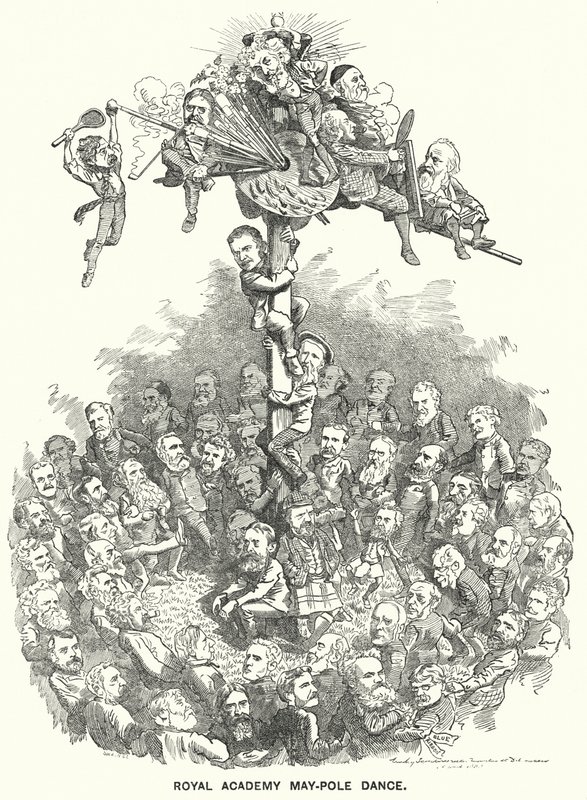 Karikatur: Maibaumtanz der Royal Academy (Gravur) von Edward Linley (after) Sambourne