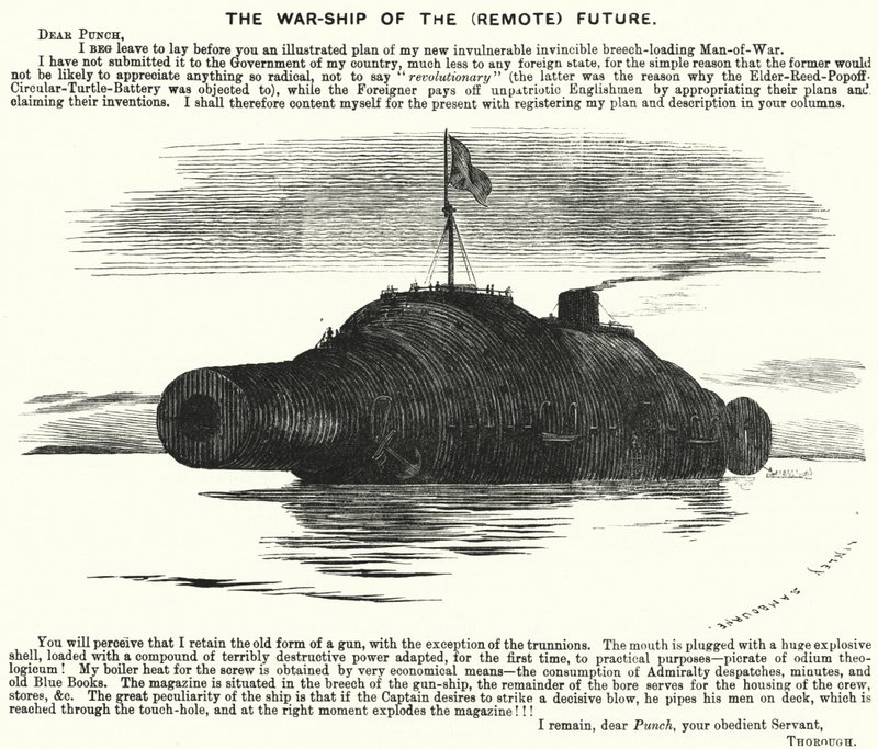 Punch-Karikatur: Das Kriegsschiff der (fernen) Zukunft von Edward Linley (after) Sambourne