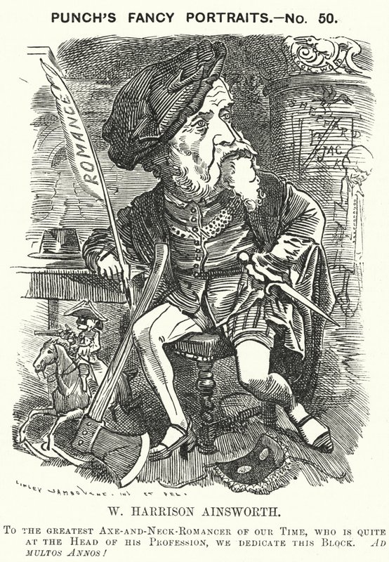 Punch-Karikatur: William Harrison Ainsworth, englischer Historienromanautor (Gravur) von Edward Linley (after) Sambourne