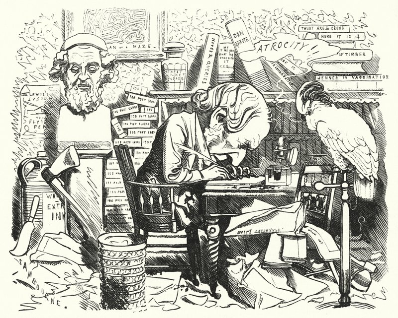 Punch-Karikatur: Schriftsteller bei der Arbeit in seinem Arbeitszimmer von Edward Linley (after) Sambourne