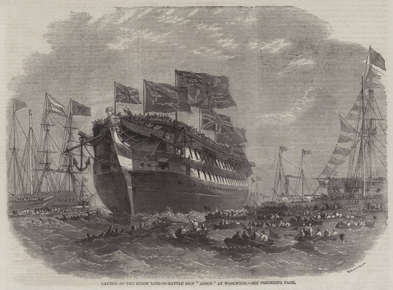 Stapellauf des Schrauben-Linienschiffs Anson in Woolwich von Edwin Weedon