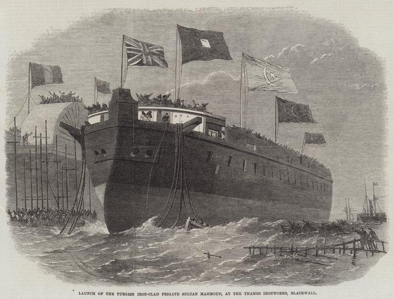 Stapellauf der türkischen Panzerschiff-Fregatte Sultan Mahmoud, bei den Thames Ironworks, Blackwall von Edwin Weedon