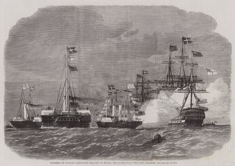 Fortschritt von Prinzessin Alexandra (Prinzessin von Wales), das Geschwader am Nore salutiert die königliche Yacht von Edwin Weedon