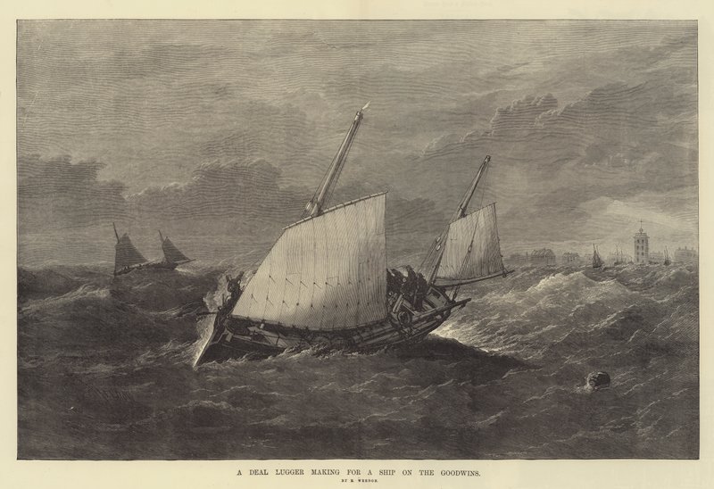 Ein Deal Lugger auf dem Weg zu einem Schiff auf den Goodwins von Edwin Weedon