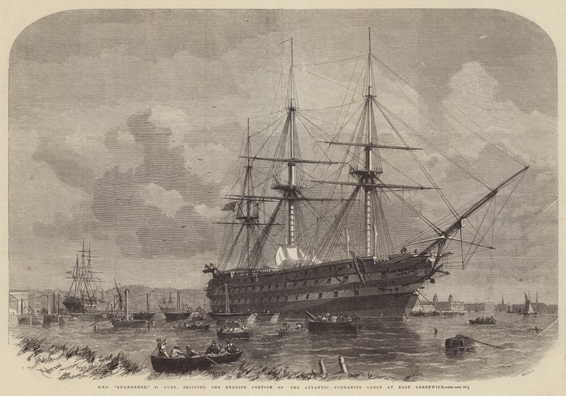 HMS Agamemnon, 91 Kanonen, das englische Teil des atlantischen Unterseekabels in East Greenwich verladen von Edwin Weedon