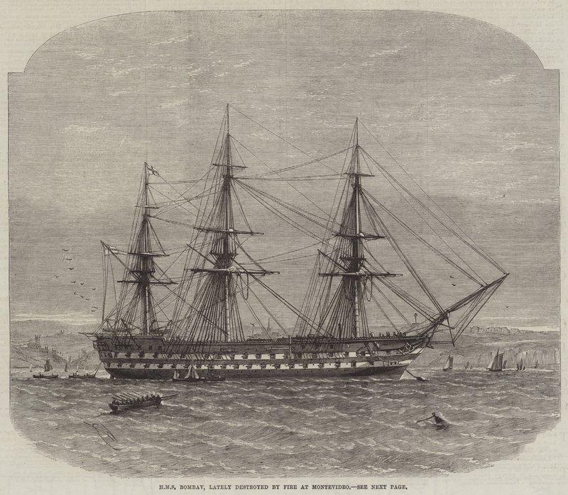 HMS Bombay, kürzlich durch Feuer in Montevideo zerstört von Edwin Weedon