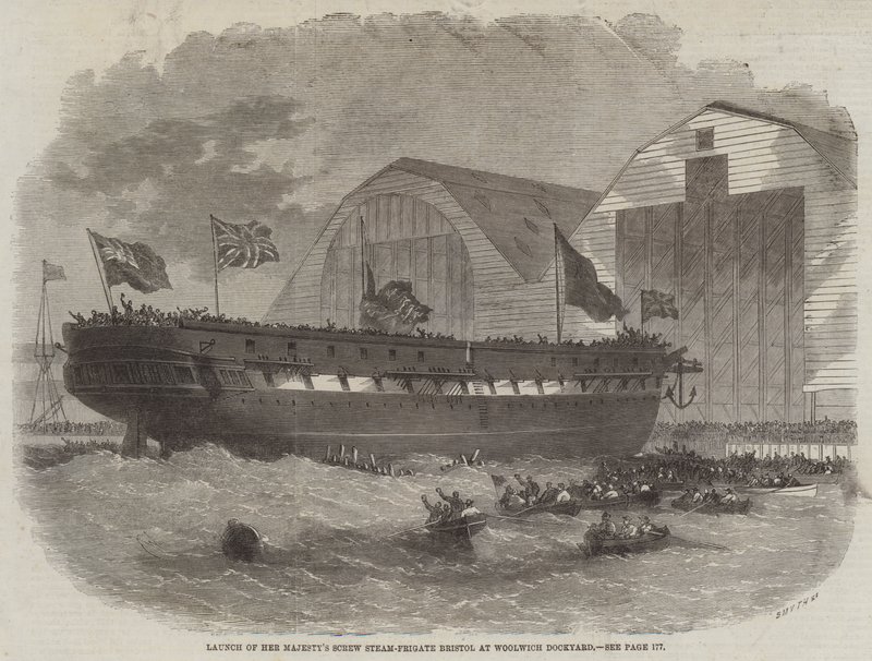 Stapellauf der Schraubendampffregatte Ihrer Majestät Bristol in der Werft von Woolwich von Edwin Weedon