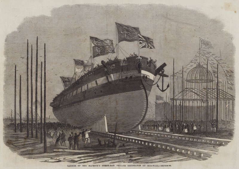 Stapellauf der Dampframme Ihrer Majestät Resistance in Millwall von Edwin Weedon