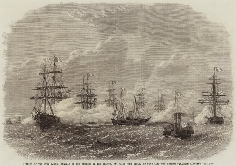 Eröffnung des Suezkanals, Ankunft der Kaiserin der Franzosen an Bord der Aigle in Port Said, das britische Geschwader salutiert von Edwin Weedon