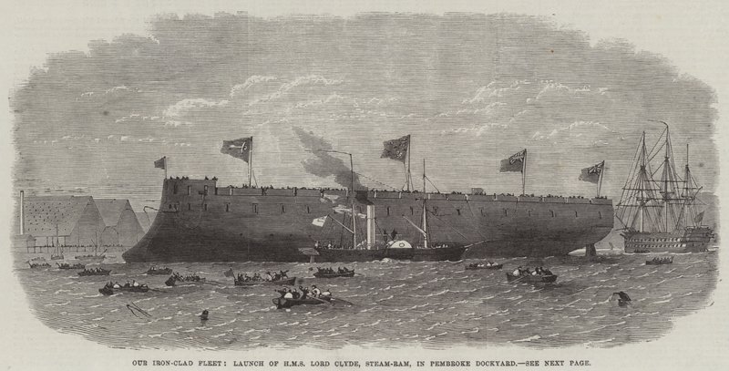 Unsere gepanzerte Flotte, Stapellauf der HMS Lord Clyde, Dampframme, in der Pembroke-Werft von Edwin Weedon