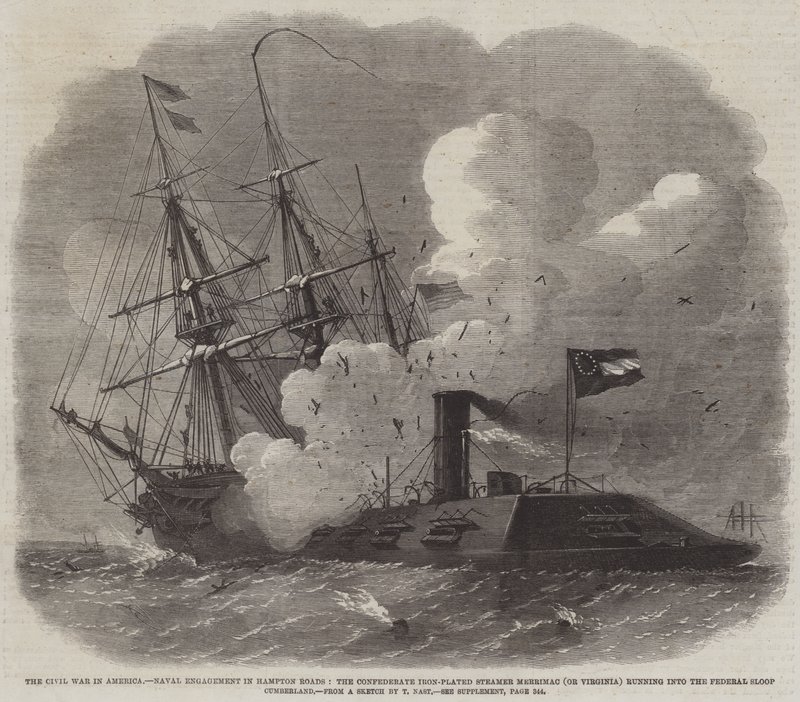 Der Bürgerkrieg in Amerika, Seeschlacht in Hampton Roads, der konföderierte eisenbeschlagene Dampfer Merrimac (oder Virginia) rammt die Bundes-Sloop Cumberland von Edwin Weedon