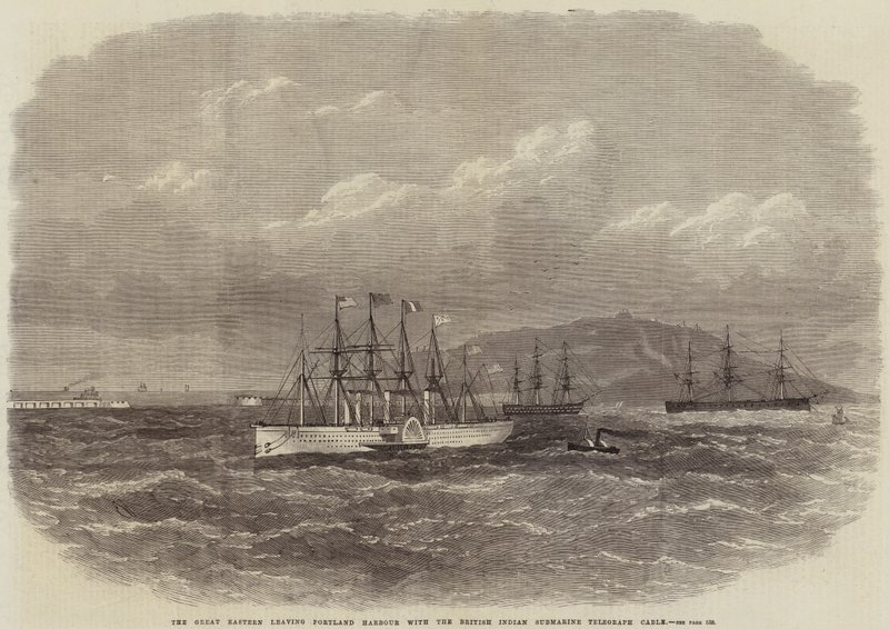 Die Great Eastern verlässt den Hafen von Portland mit dem britisch-indischen Unterseekabel von Edwin Weedon