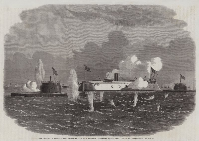 Die gepanzerte Fregatte New Ironsides und zwei Ericsson-Batterien gehen in Charleston in Aktion von Edwin Weedon