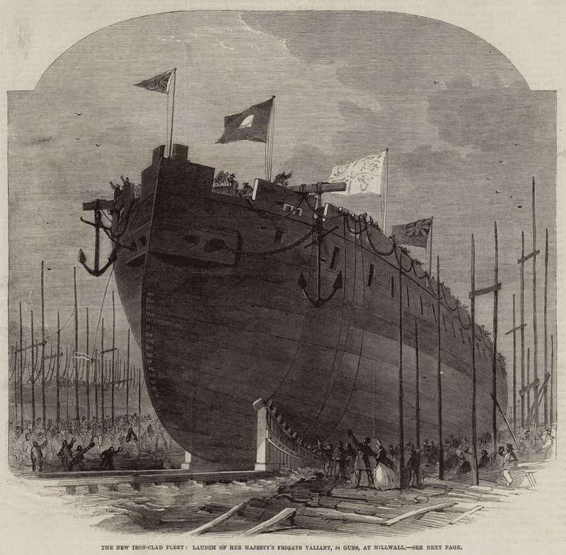 Die neue gepanzerte Flotte, Stapellauf der Fregatte Ihrer Majestät Valiant, 34 Kanonen, in Millwall von Edwin Weedon