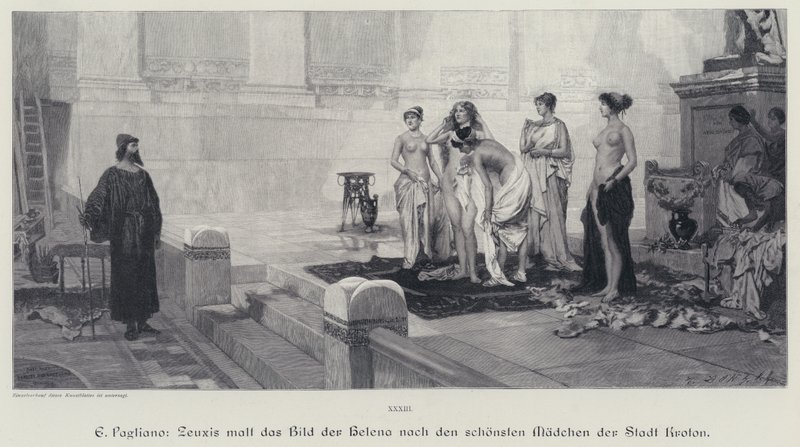Der antike griechische Künstler Zeuxis wählt aus den schönsten Frauen der Stadt Kroton das Modell für sein Gemälde von Helena von Troja (Stich) von Eleuterio Pagliano