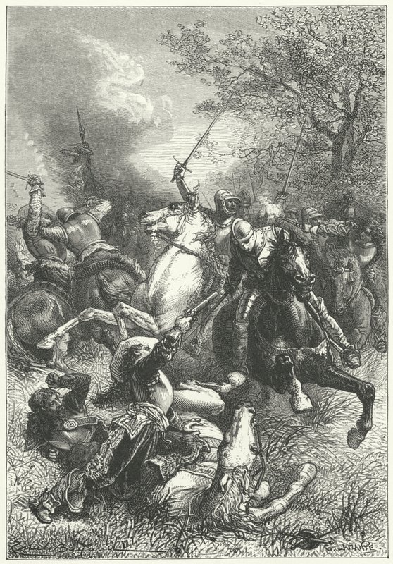 Cromwells Ironsides kämpfen gegen royalistische Kavallerie im englischen Bürgerkrieg (Gravur) von Emile Antoine (after) Bayard