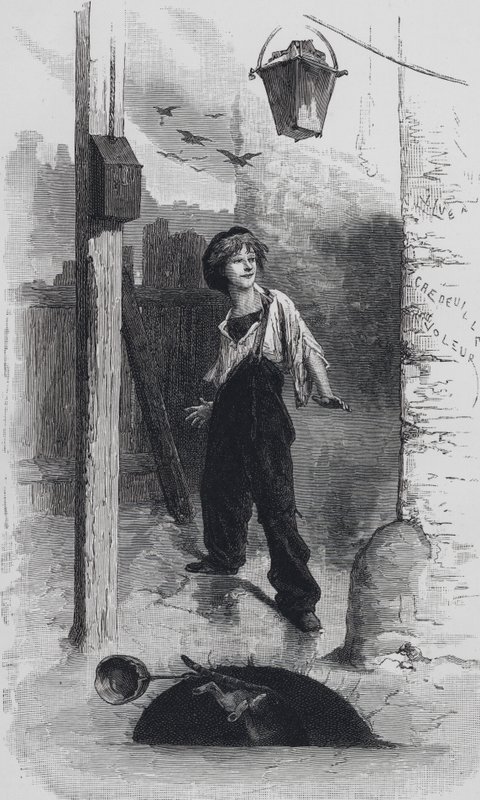 Szene aus Les Miserables von Victor Hugo: Gavroche (Stich) von Emile Antoine (after) Bayard