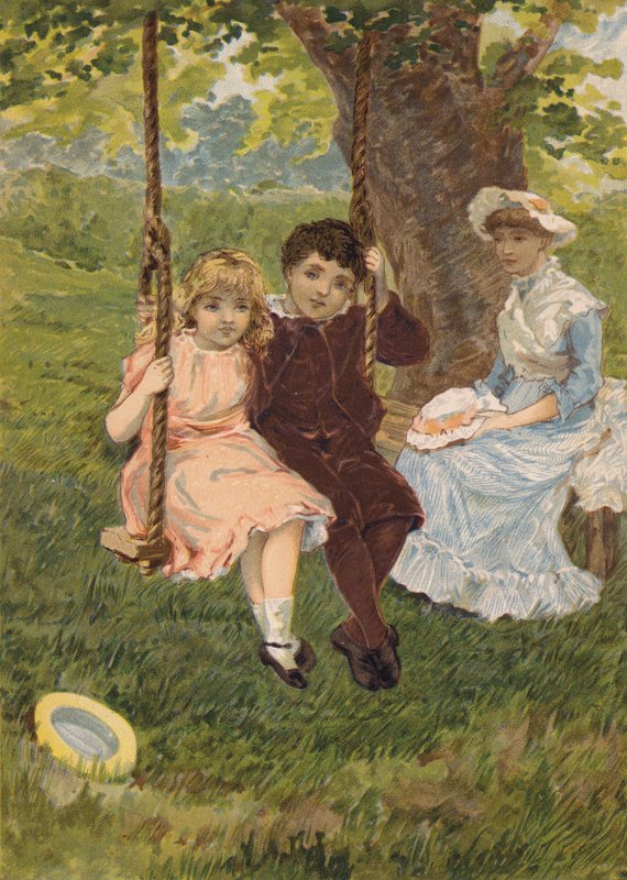Junge und Mädchen sitzen auf einer Schaukel von Emily Jane Harding Andrews